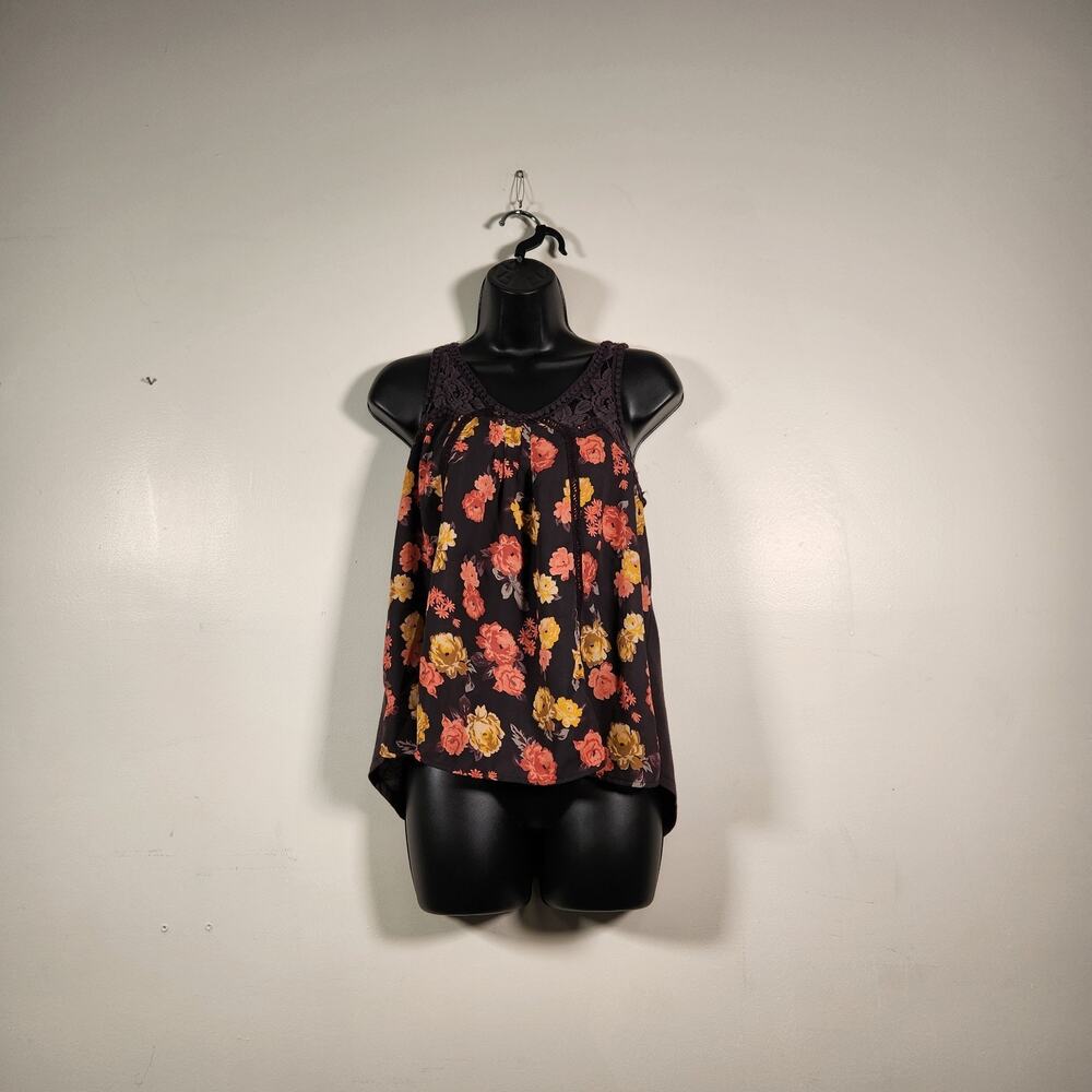 TAYLOR & SAGE Tank Top Women Medium Black Yellow Coral‎ Floral Crochet Lace Boho